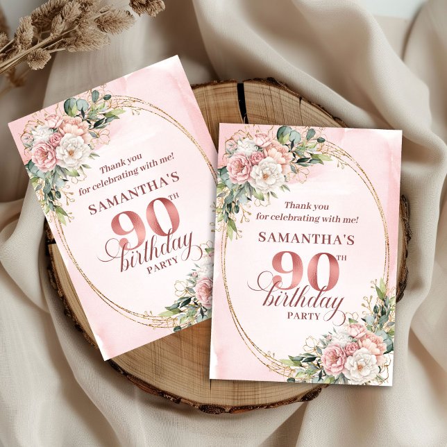 Tidlös Rosa Guldgrönska 90-års Tacksamhet Tack Kort (Timeless Blush Pink Gold Greenery 90th Thank You Card)