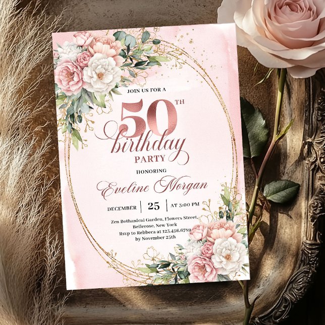 Tidlös roséguld kindros 50-års födelsedagsinbjudan inbjudningar (Timeless Rose Gold Blush 50th Birthday Invitation)