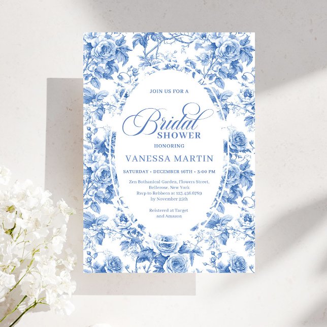 Tidlös Royalblå Toile de Jouy Bröllopsfest  Inbjudningar (Timeless Royal Blue Toile de Jouy Bridal Shower Invite)