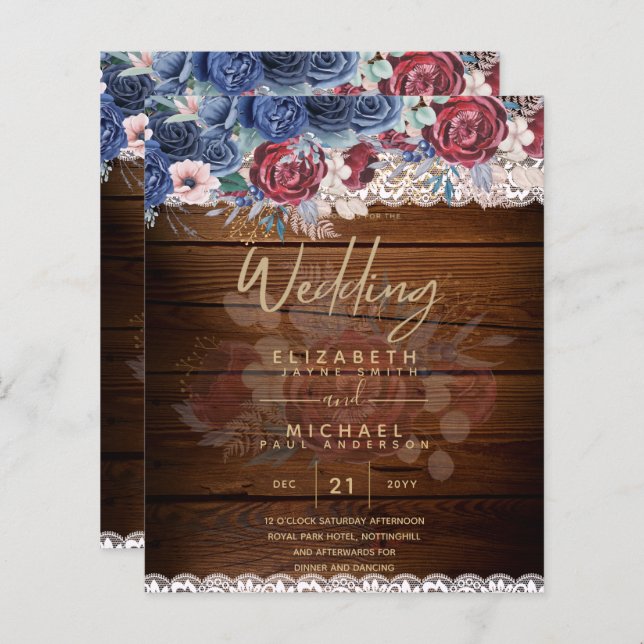 Tidlös Rustik Blå Burgunder Blommig Spets Bröllop (Fram/baksida)