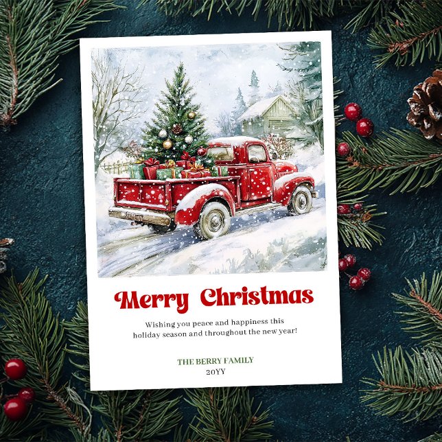 Tidlös Rustik Röd Lastbil Julscen Välkomsthälsning Julkort (Timeless Rustic Red Truck Christmas Scene Greeting Holiday Card )