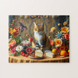 Tidlös stilleben med katt och frukt pussel