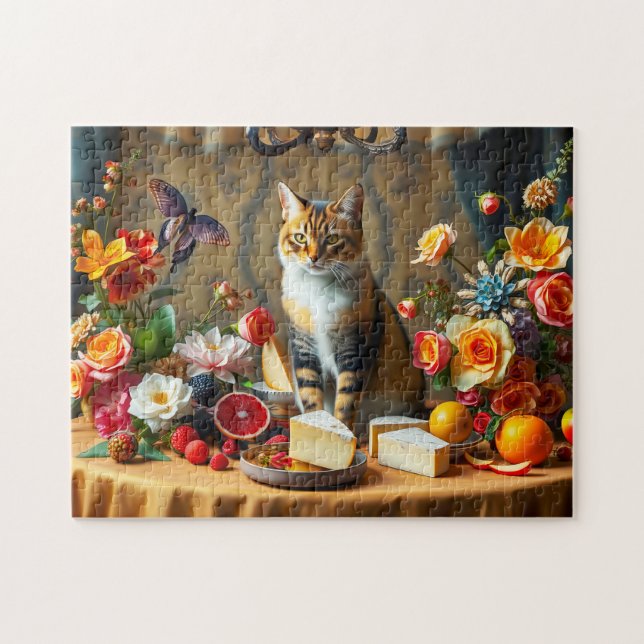 Tidlös stilleben med katt och frukt pussel (Horisontell)