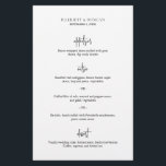 Tidlös svart och vit elegant bröllopsmeny<br><div class="desc">Klassisk och elegant bröllopsmeny med en enkel layout och maträttsrubriker i ett modernt skrivstil. Den rena och minimalistiska layouten gör denna svart-vita bröllopsmeny bra för ett traditionellt,  formellt bröllop.</div>