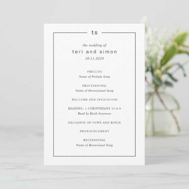 Tidlös svart och vit monogram modern bröllopsfest program (Stående Fram)