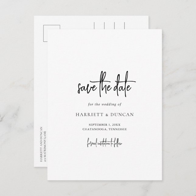 Tidlös svart-vit bröllopsinbjudan Save the Date Meddelande Vykort (Fram/baksida)