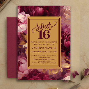 Tidlös Sweet 16 Burgunderrosor Guld Inbjudan