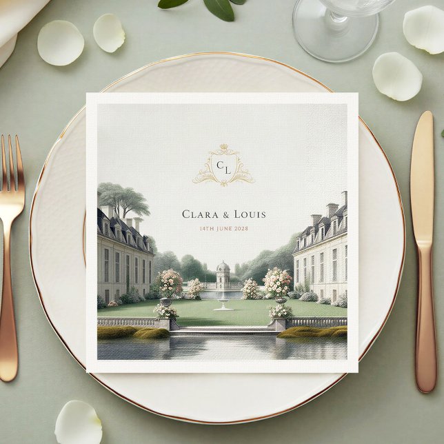 Tidlös Trädgård | Fransk Château Monogram Bröllop Pappersservett (Skapare uppladdad)