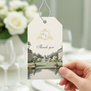 Tidlös Trädgård Fransk Château Monogram Bröllop Presentetikett
