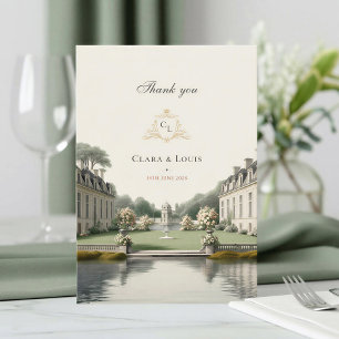 Tidlös Trädgård Fransk Château Monogram Bröllop Tack Kort