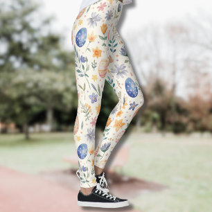 Tidlösa akvarellpastell Kanin Blommor Ägg Leggings