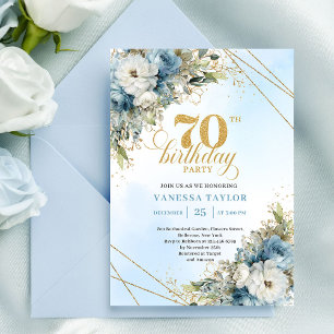 Tidlösa bohemiska blå blommor guld 70-årsdag inbjudningar