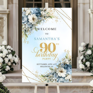 Tidlösa bohemiska blå blommor guld 90-årsdag poster