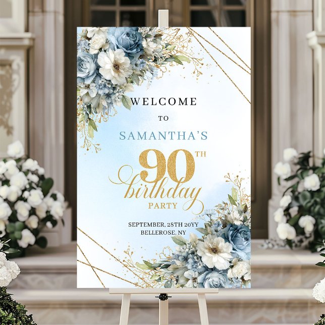 Tidlösa bohemiska blå blommor guld 90-årsdag  poster (Timeless bohemian blue florals gold 90th birthday sign

)