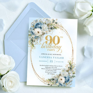 Tidlösa bohemiska blå vita blommor 90-årsdag inbjudningar