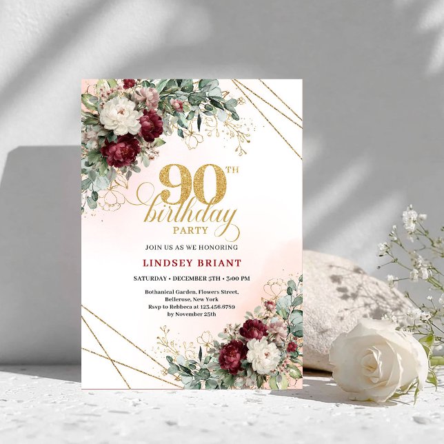 Tidlösa Boho Djupröda Peonior Guld 90-årsdag Inbjudningar (Timeless Deep Red Peonies Gold 90th Birthday Invite)