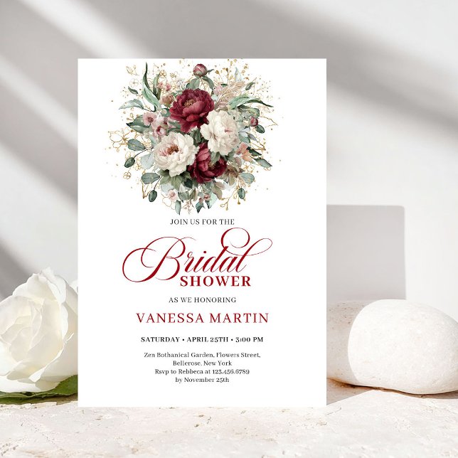 Tidlösa Burgunderblommor Bröllopsdusch-inbjudan Inbjudningar (Timeless Burgundy Flowers Bridal Shower Invitation)