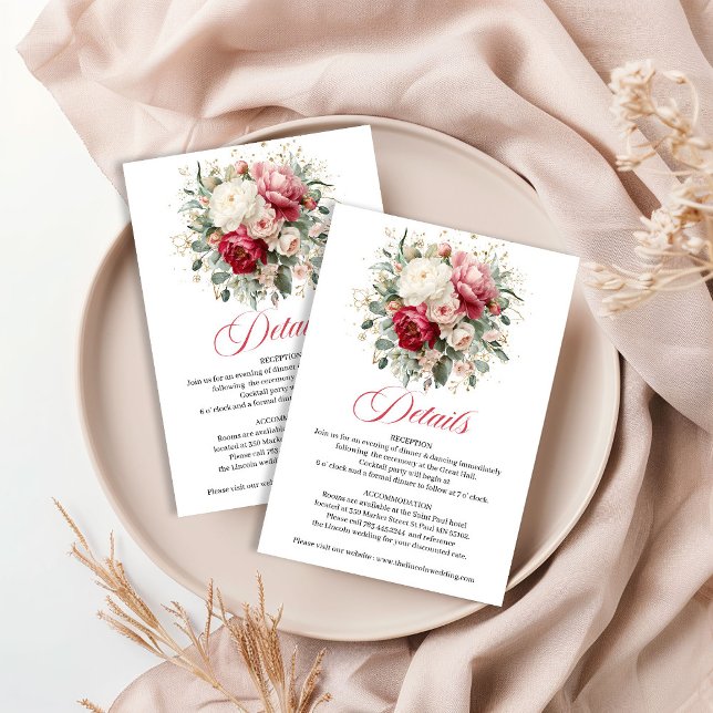 Tidlösa Burgunderröda Blommiga Bröllopsdetaljer Tilläggskort (Timeless Burgundy Floral Wedding Details)