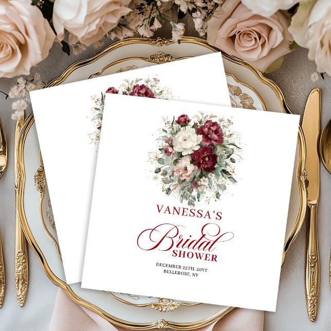 Tidlösa Burgunderröda Blommiga Bröllopsdusch Serve Pappersservett (Timeless Burgundy Floral Bridal Shower Napkins)