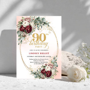 Tidlösa djupa röda pioner Grönska 90-årsdag Inbjudningar