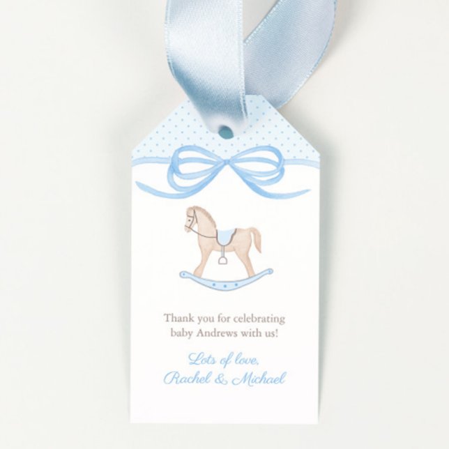 Tidlösa Gunghäst Baby Shower Pojk Favorit Märken Presentetikett (Traditional rocking horse with blue trim baby shower for boy favor tags)