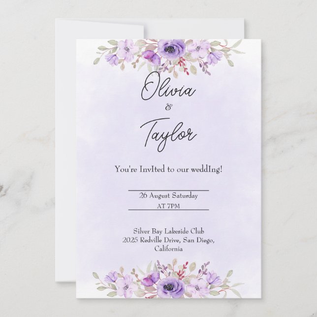 Tidlösa lila minimalistiska blommande bröllop  inbjudningar (Framsida)