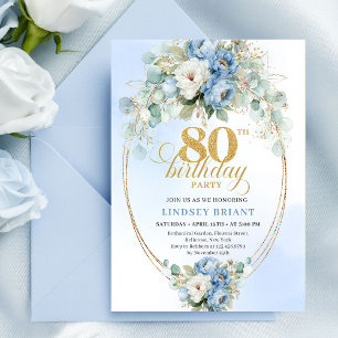 Tidlösa Pastellblå Peonior Grönska 80-årsdag Inbjudningar