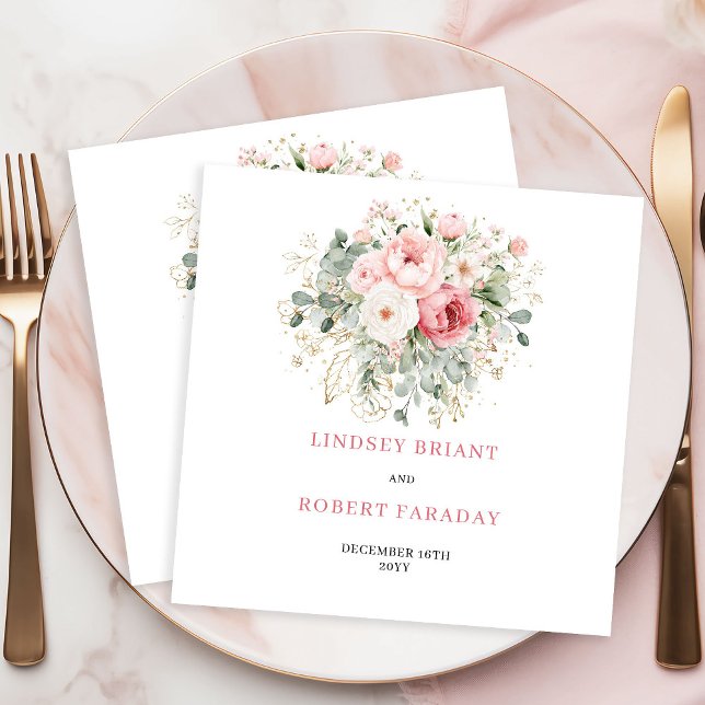 Tidlösa Rosa Rosor Grönska Bröllopsservetter Pappersservett (Timeless Blush Roses Greenery Wedding Napkins)