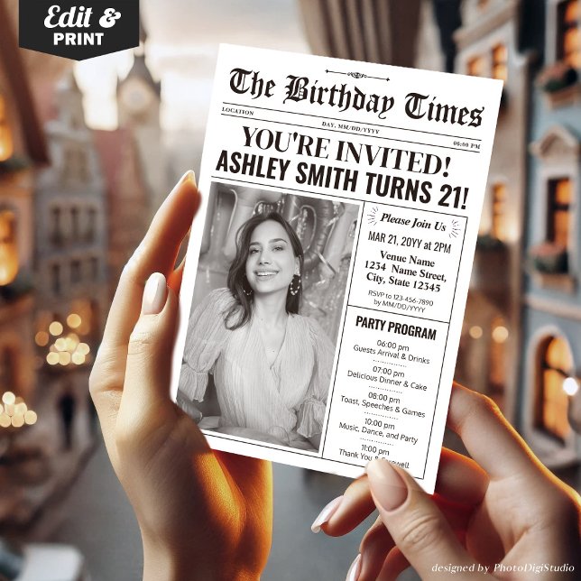 Tidning 21:a födelsedagsinbjudan till program (21st Birthday Newspaper Invitations with Program)
