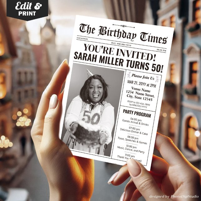 Tidning 50:e Födelsedagsfest inbjudan & Program (50th Birthday Newspaper Invitations with Program)