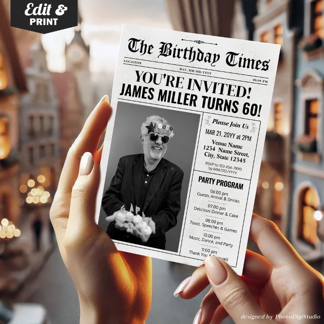 Tidning 60:e Födelsedagsfest inbjudan & Program (60th Birthday Newspaper Invitations with Program)