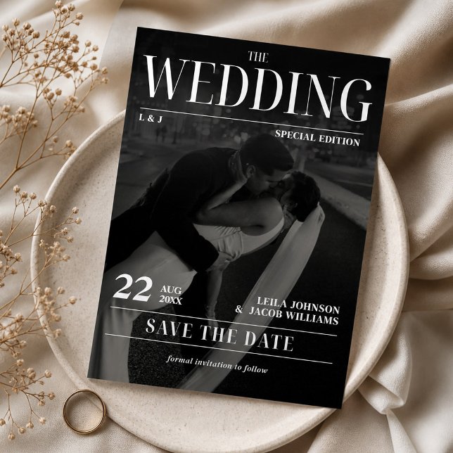 Tidning Bröllop Spara Datum Modern Tidskrift Inbjudningar (Newspaper Wedding Save the Date Modern Magazine Invitation, Photo Wedding Invite, Magazine Cover)