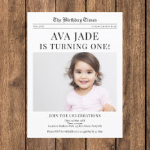 Tidning för inbjudan till första födelsedag