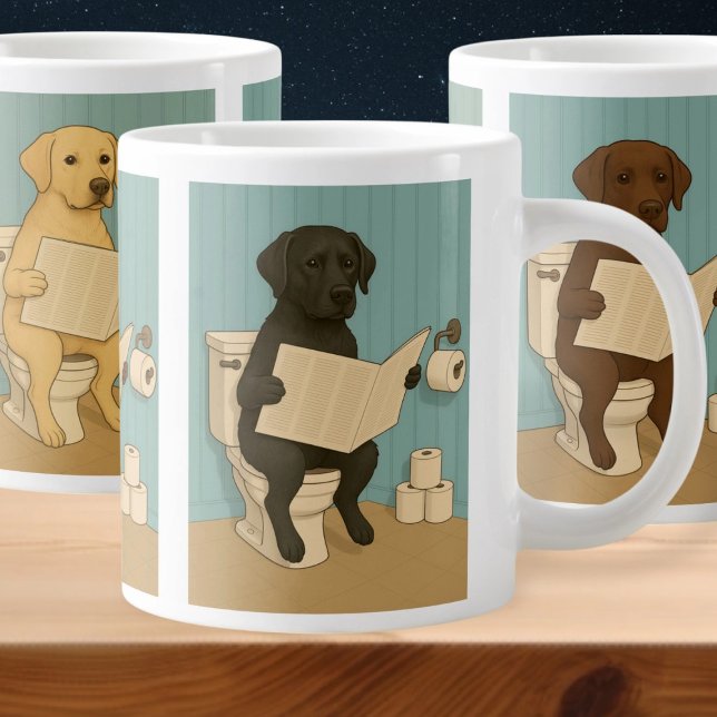 Tidning för Labrador-läsning om Toilet Jumbo Mugg (Labrador Reading Newspaper on Toilet Giant Coffee Mug by Ricaso. Depicting 3 Labrador breed colors)