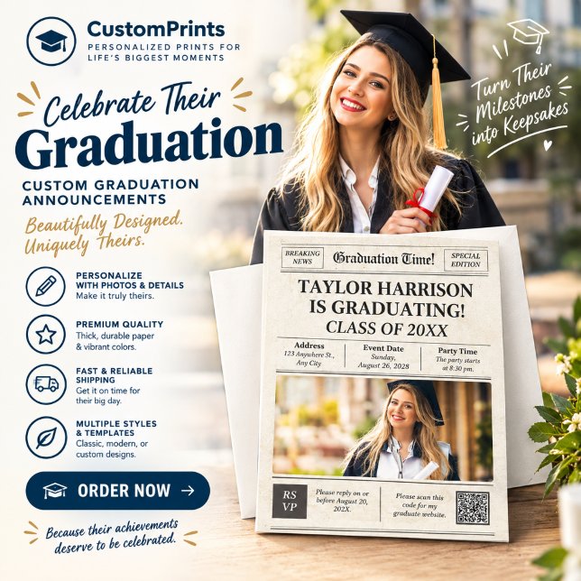Tidning Framsida Klass 2027 Fet   Inbjudningar (Classic Black Grey Photo Graduation Announcement Keepsake)