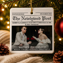 Tidning Glad och Gift Holiday Nyförlovade Foto Julgransprydnad Keramik