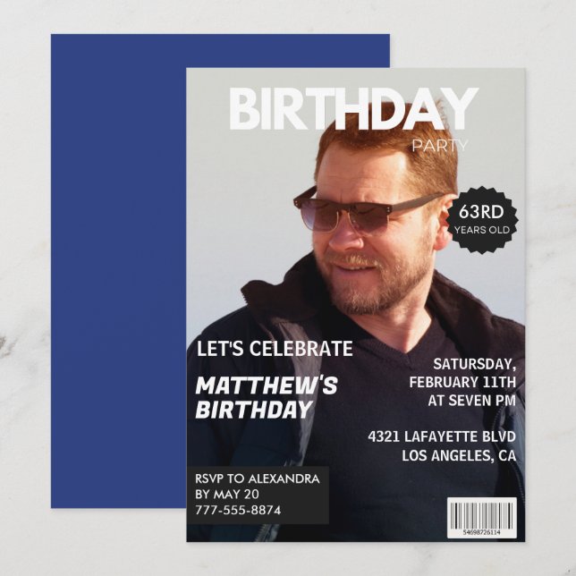 Tidning Marinblå Foto Rolig 63-årsdag Inbjudningar (Fram/baksida)