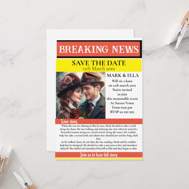Tidning save the date inbjudningar (Fram/Back In Situ)