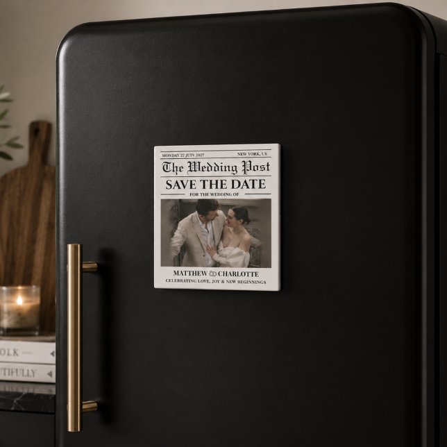 Tidning Spara datum Bröllop  Magnet (save the date wedding magnets elegant modern black and white classic classy)