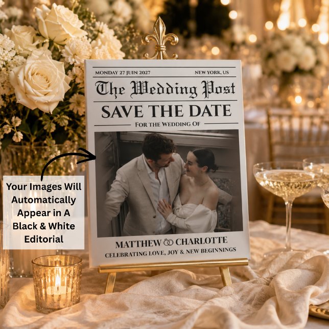 Tidning Spara datum Bröllop Svart vit Kort (Newspaper Save the Date Wedding Black and white photo Card)