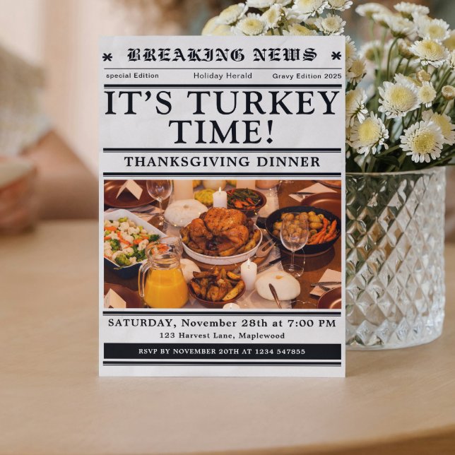 Tidning Thanksgiving Middag Höst  Inbjudningar (newspaper invitations unique fun classic vintage black and white)
