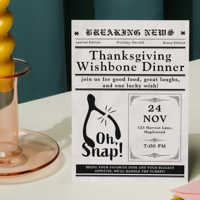Tidning Turkiet Lyckobens Thanksgiving Höst Inbjudningar (Newspaper Turkey Wishbone Thanksgiving Fall Invitation)