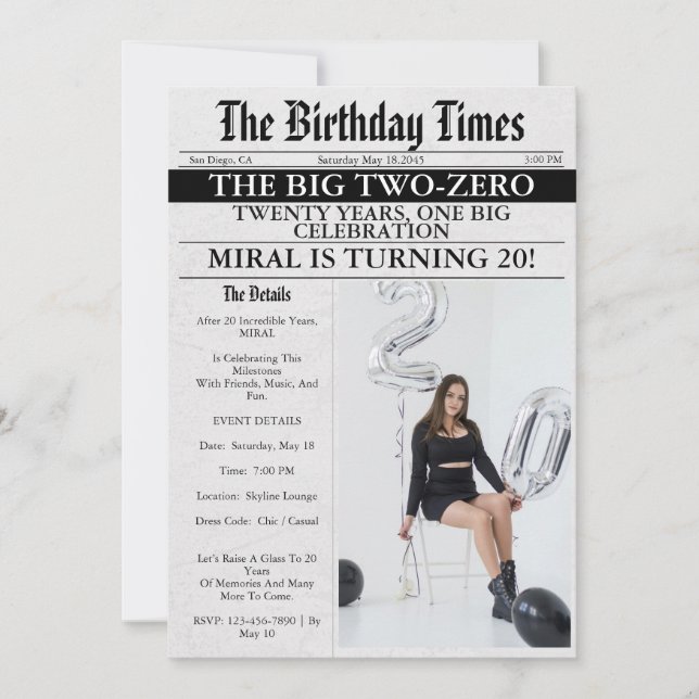 Tidning Unik Rolig Fototjej 20-årsdag Inbjudningar (Framsida)