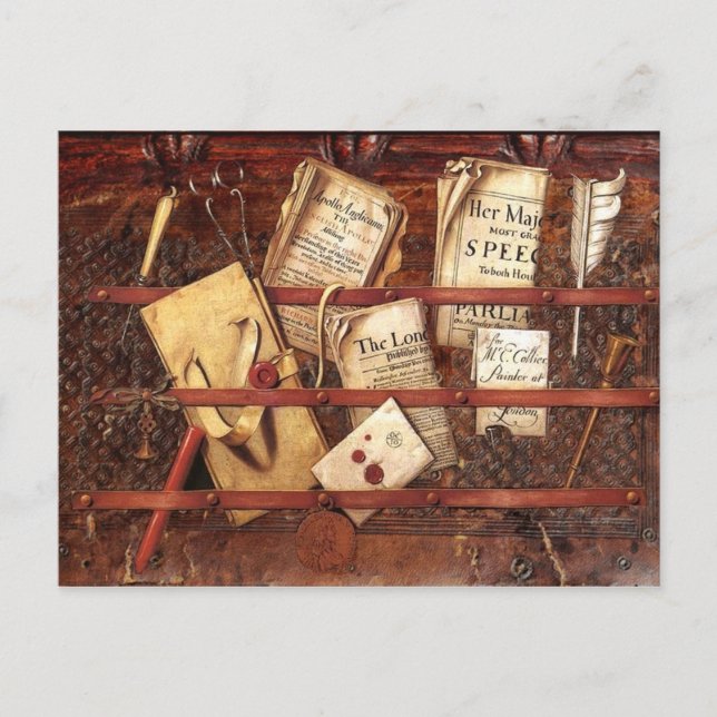 Tidningar, brev och skrivverktyg vykort (Framsida)