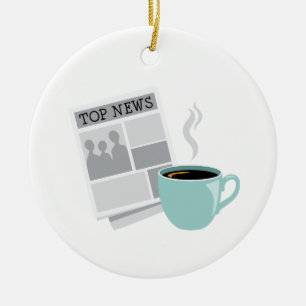 Tidningar och kaffe julgransprydnad keramik