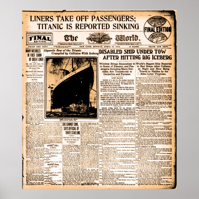 Tidningen 15 april 1912: Titanic Reported Sinking Poster (Framsidan)