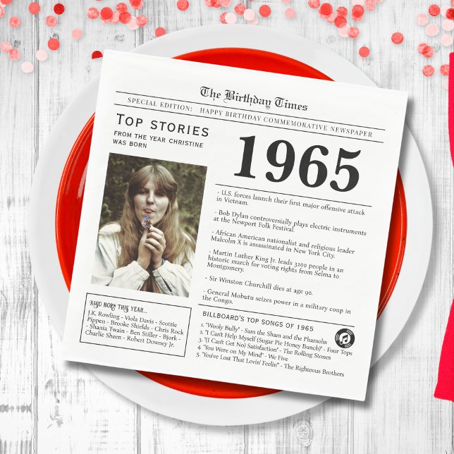 Tidningen Birthday Trivia 1965 Pappersservett (White napkin with world news fun facts from 1965 in a newspaper design, unique personal party decor)