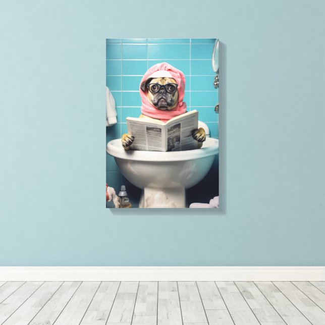 Tidningen Cute Hund Reading i Bathroom Canvastryck (Insitu (trägolv))