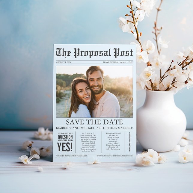 Tidningen Stil Roligt Dusty Blue Spara datumfoto Datumet (Dusty blue cute save the date cards in a newsletter style - The Proposal Post )