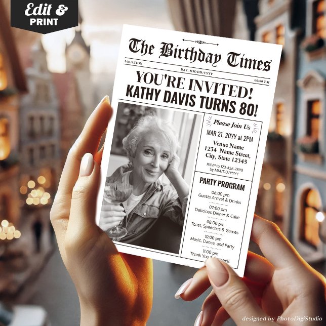 Tidningsartikel 80:e födelsedagsinbjudan med progr julkort (80th Birthday Newspaper Invitations with Program)
